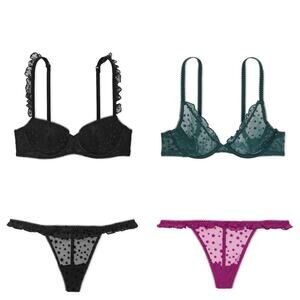 4 pc set Victoria Secret Pink Star Chaser Ruffle Underwire Bras Thong Sets